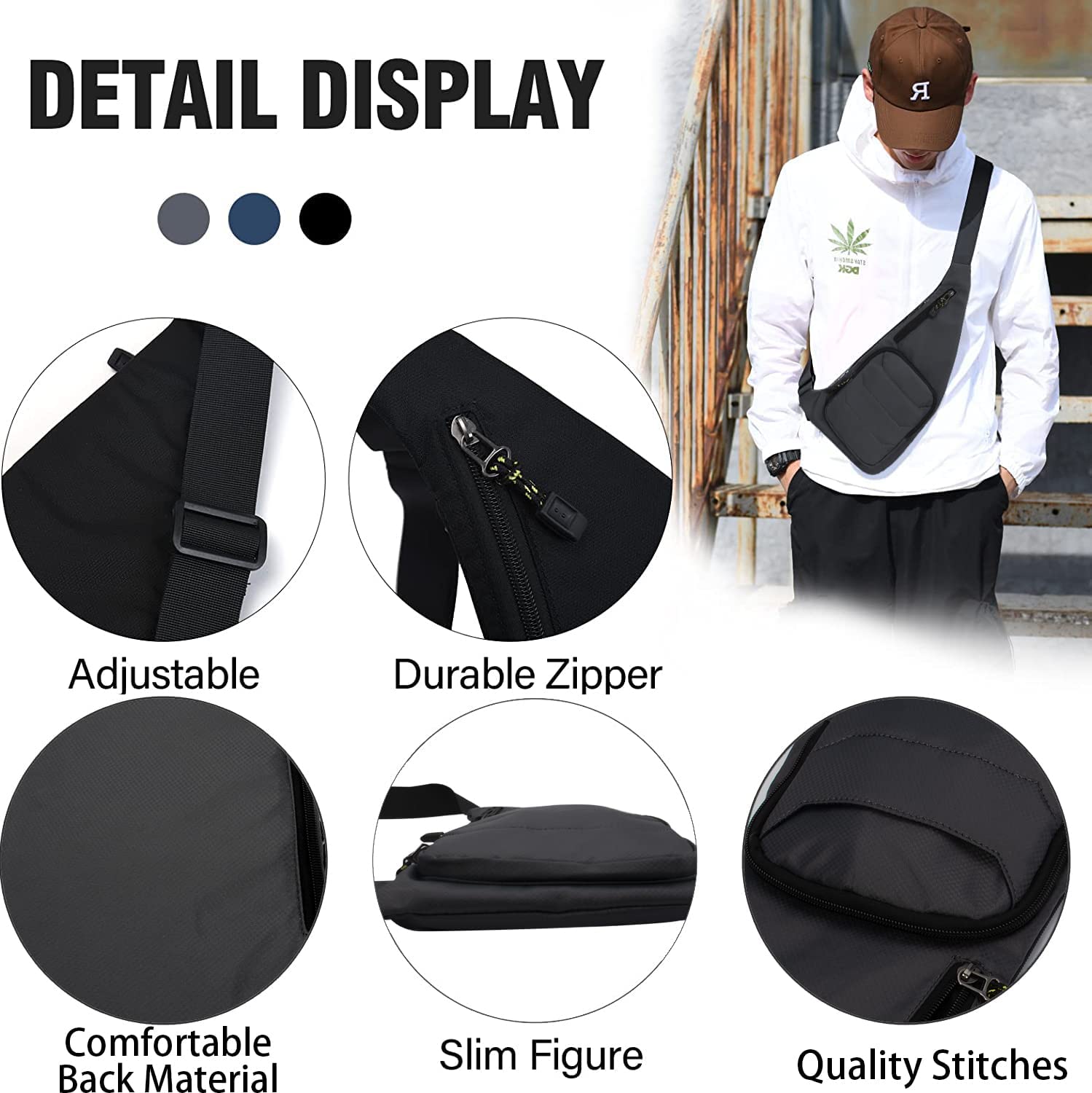 Peicees Sling Bag for Men Women Shoulder Bag Backpack Strap Pockets Chest Bag for Running Hiking Camping Exercise Outdoor - Image 3